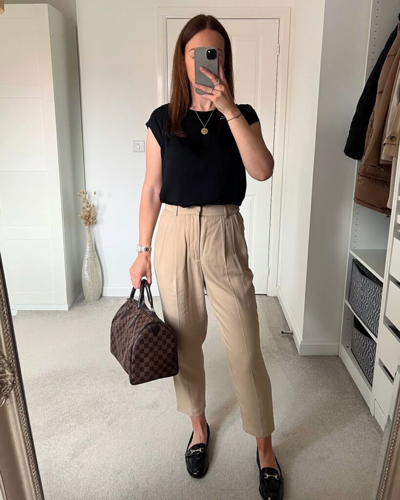 black-top-beige-trousers-loafers-look