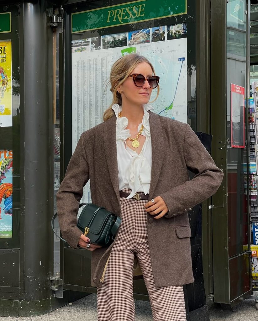 brown-blazer-ruffled-blouse-houndstooth-trousers-look