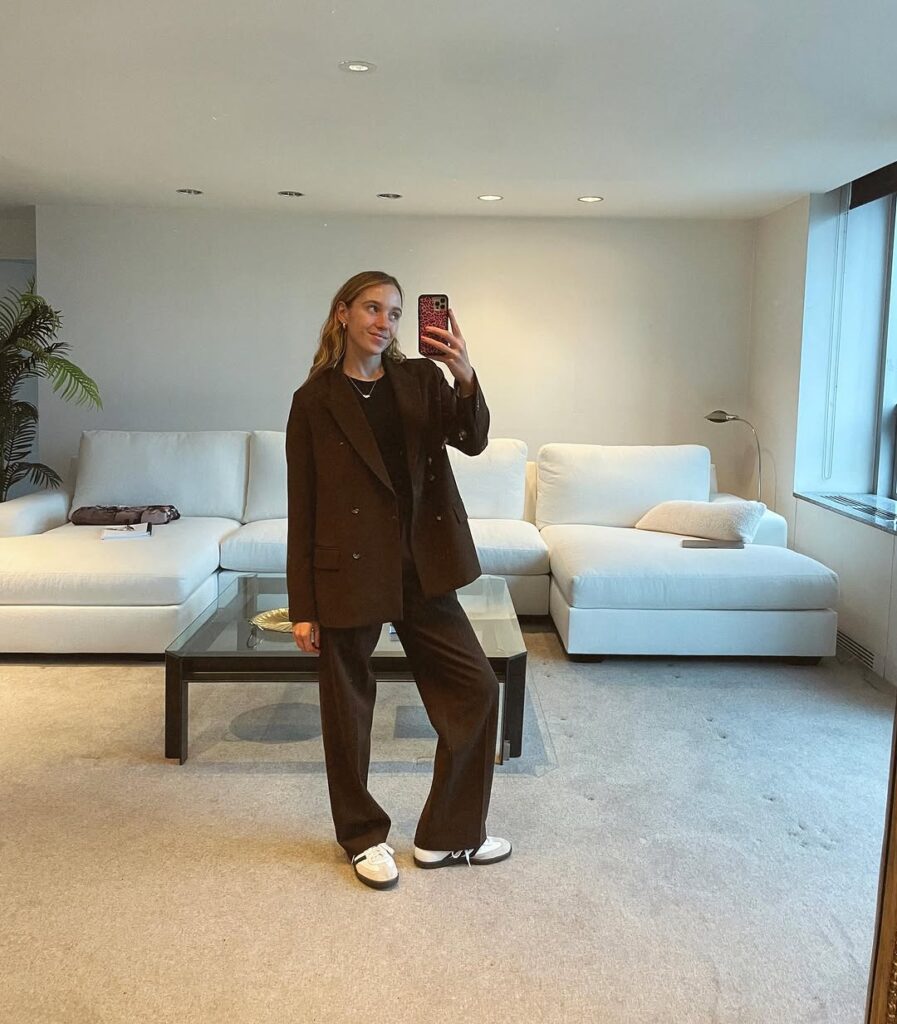 brown-pant-suit-with-sneakers