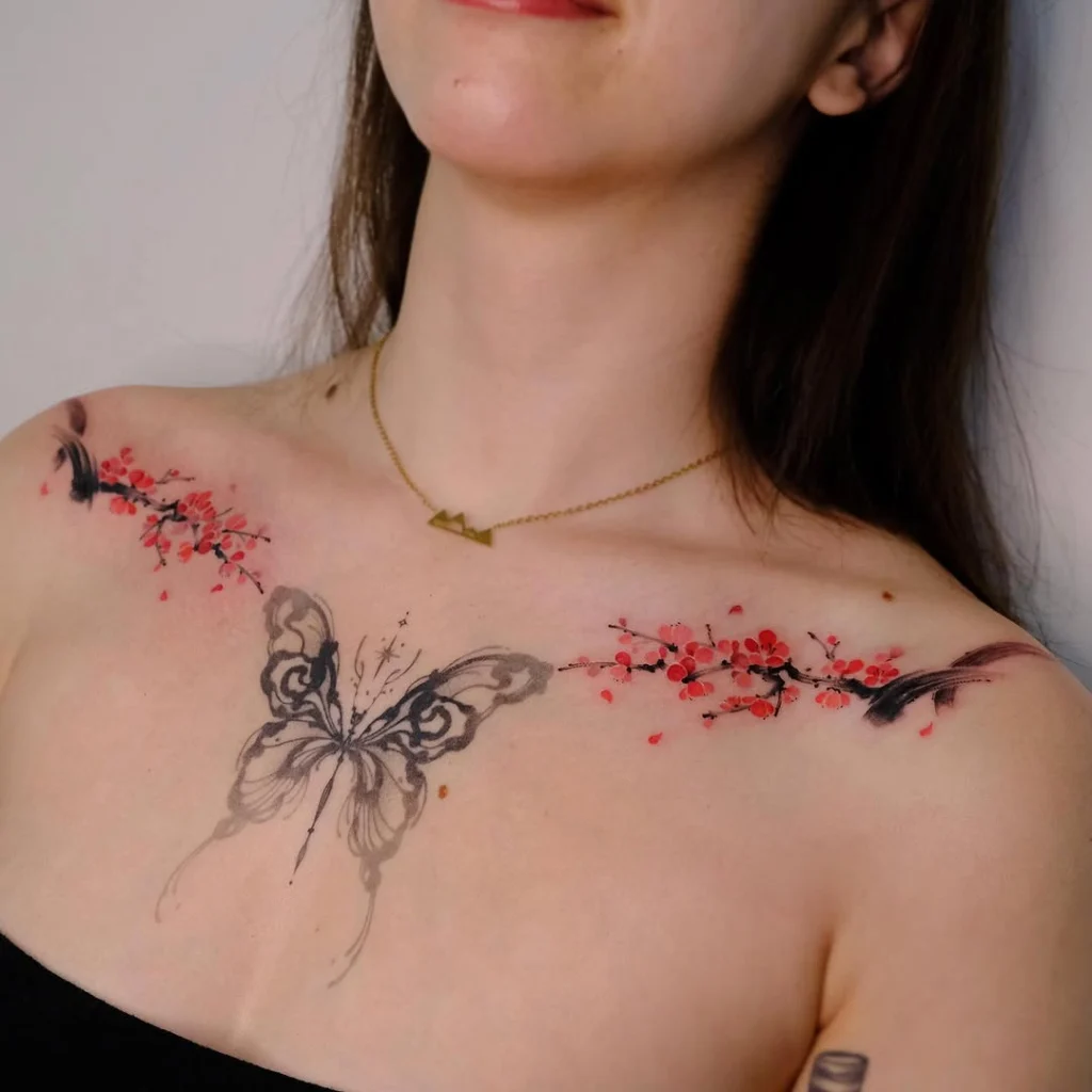 butterfly-and-cherry-blossom-collarbone-tattoo