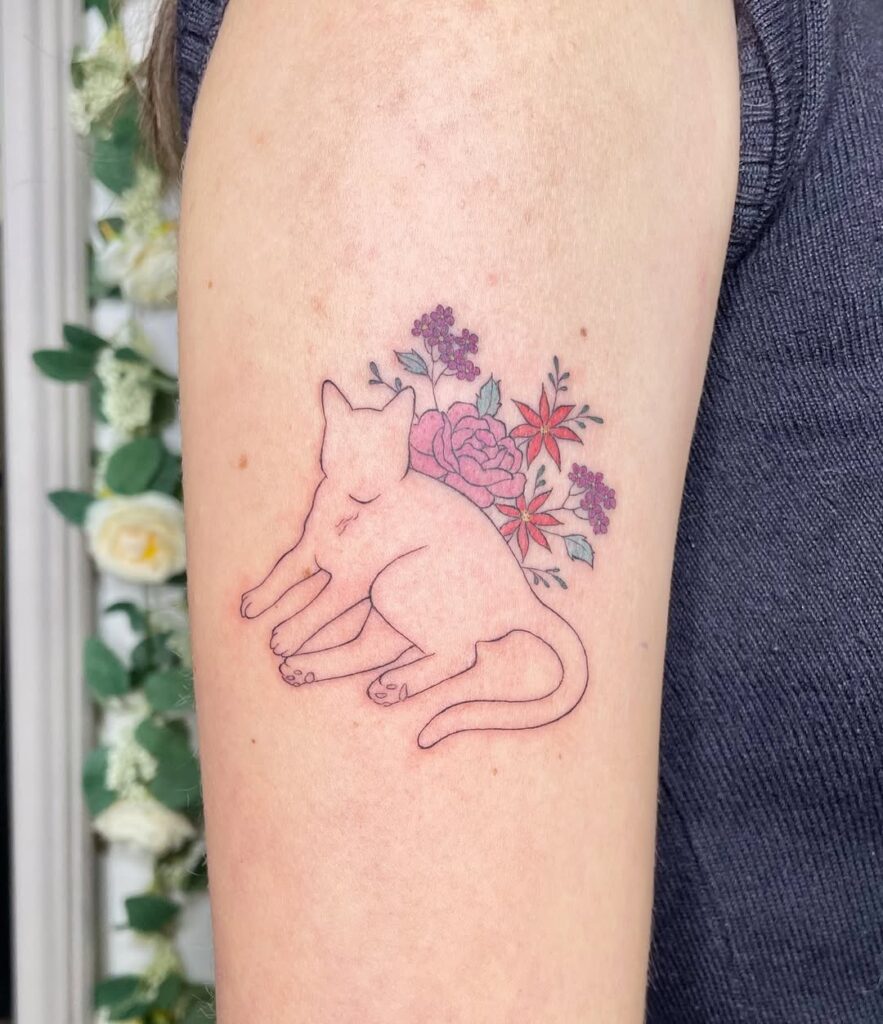 floral-cat-outline-delicate-tattoo