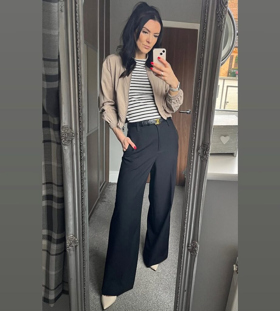 striped-top-tan-jacket-wide-leg-trousers-look