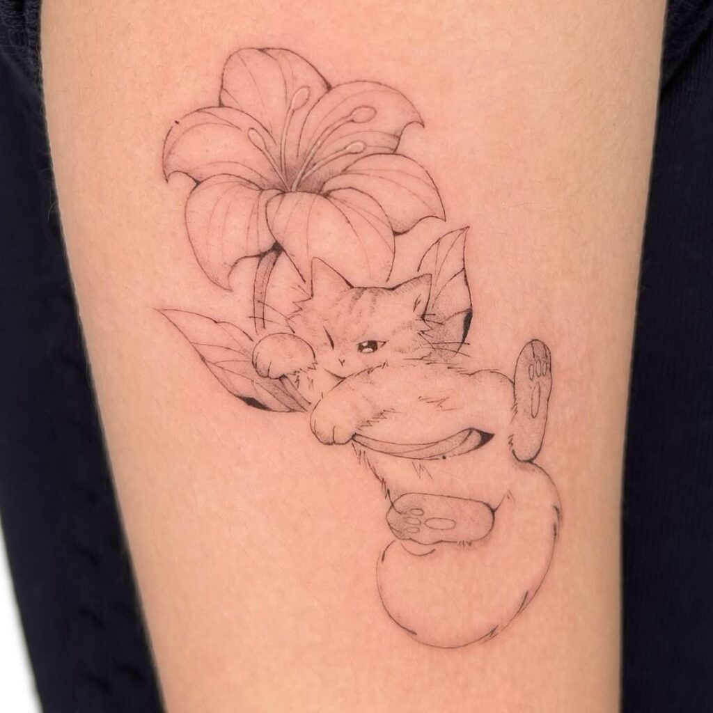 whimsical-cat-and-lily-tattoo