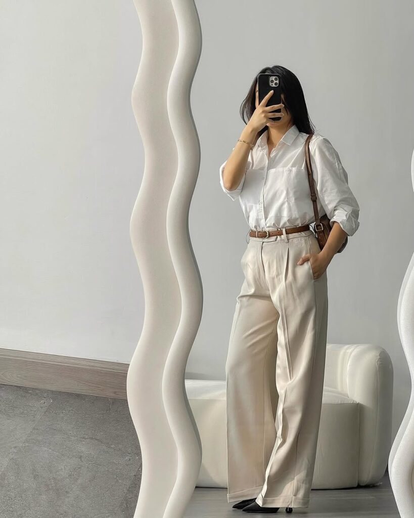 white-button-down-beige-trousers