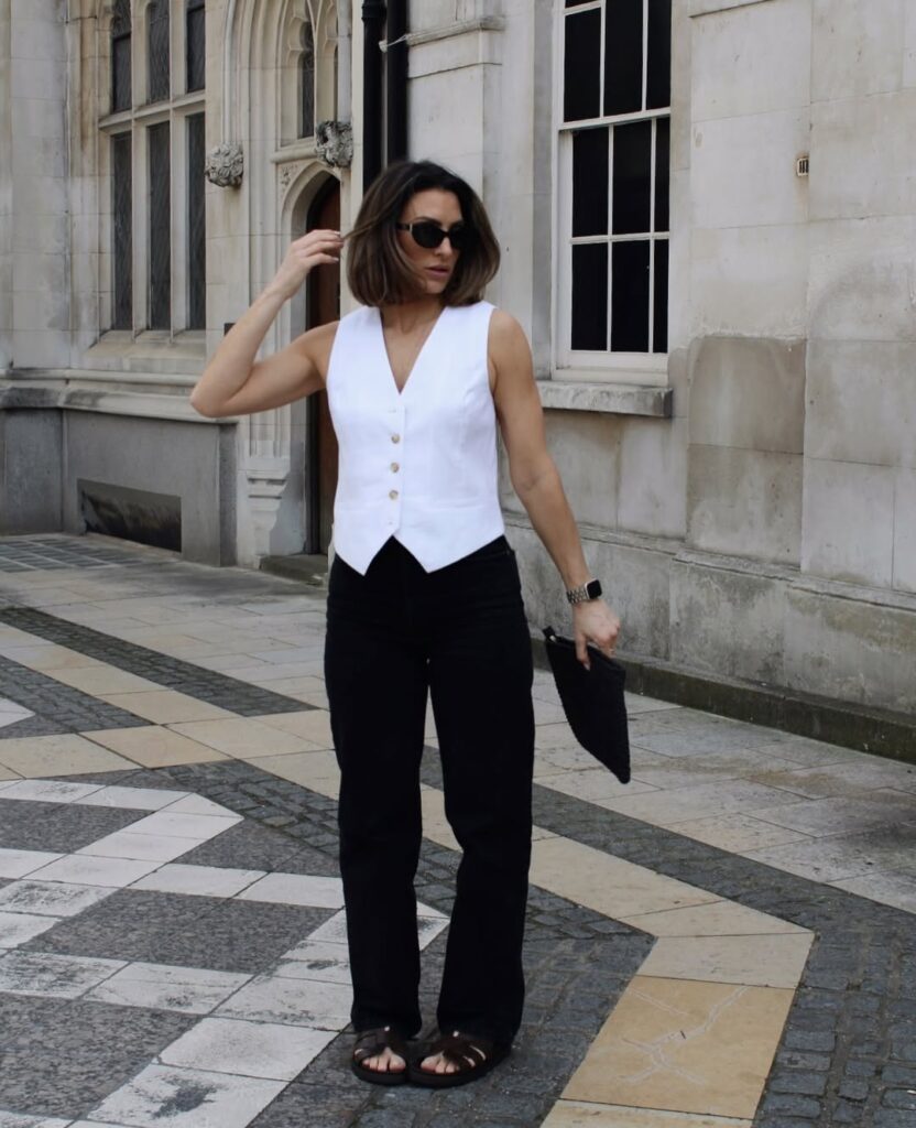 white-vest-black-jeans-sandals-look