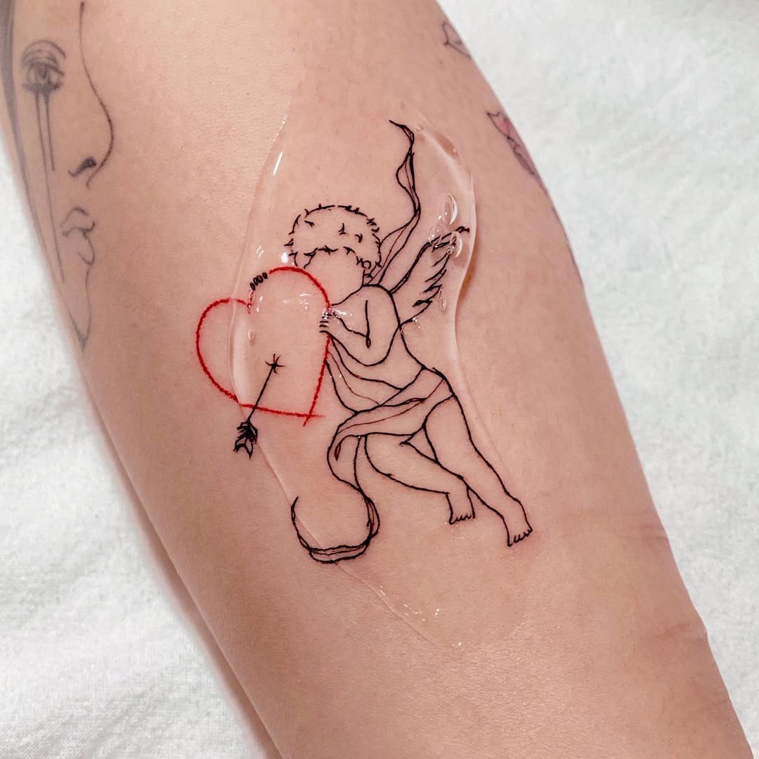 Charming arrow-tattooed cherub holding a heart