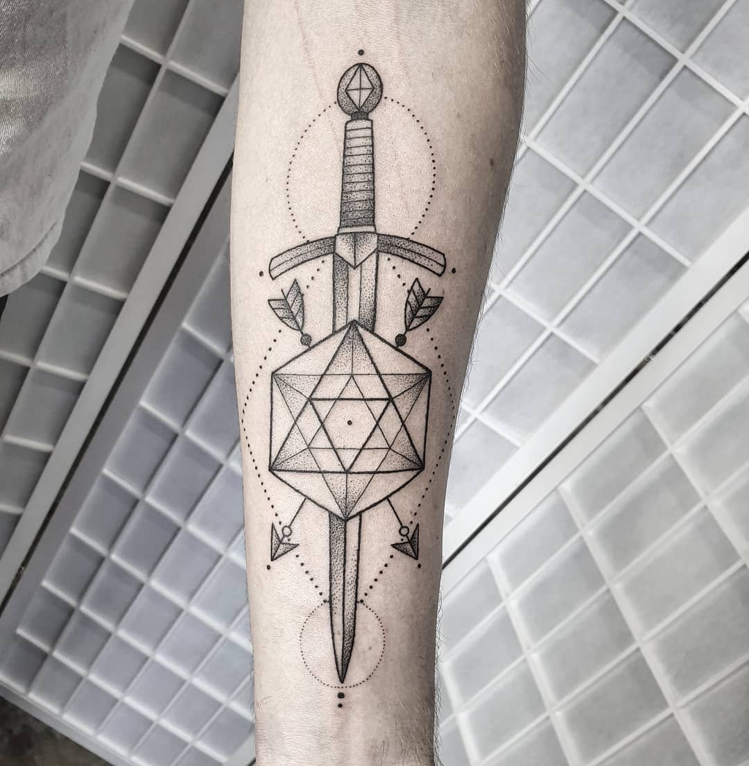 Geometric arrow tattoo with a sword design