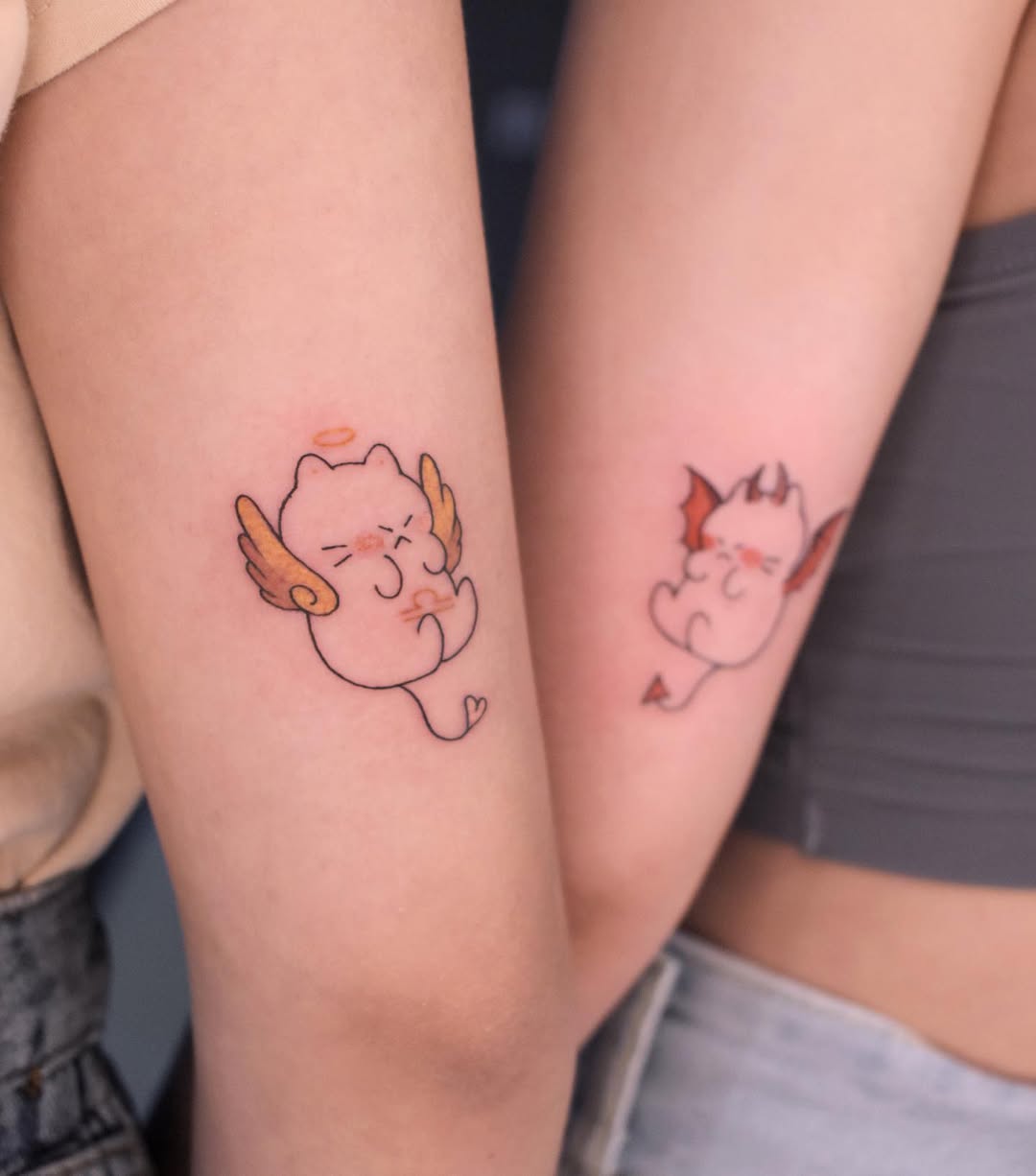 Adorable angel and demon tattoo duo