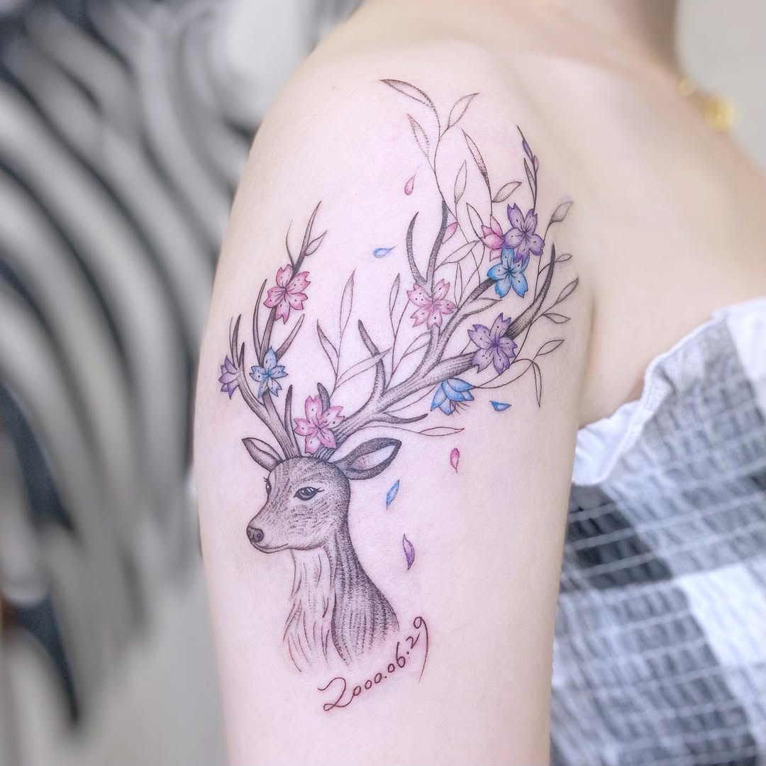 Elegant deer tattoo with floral antler design