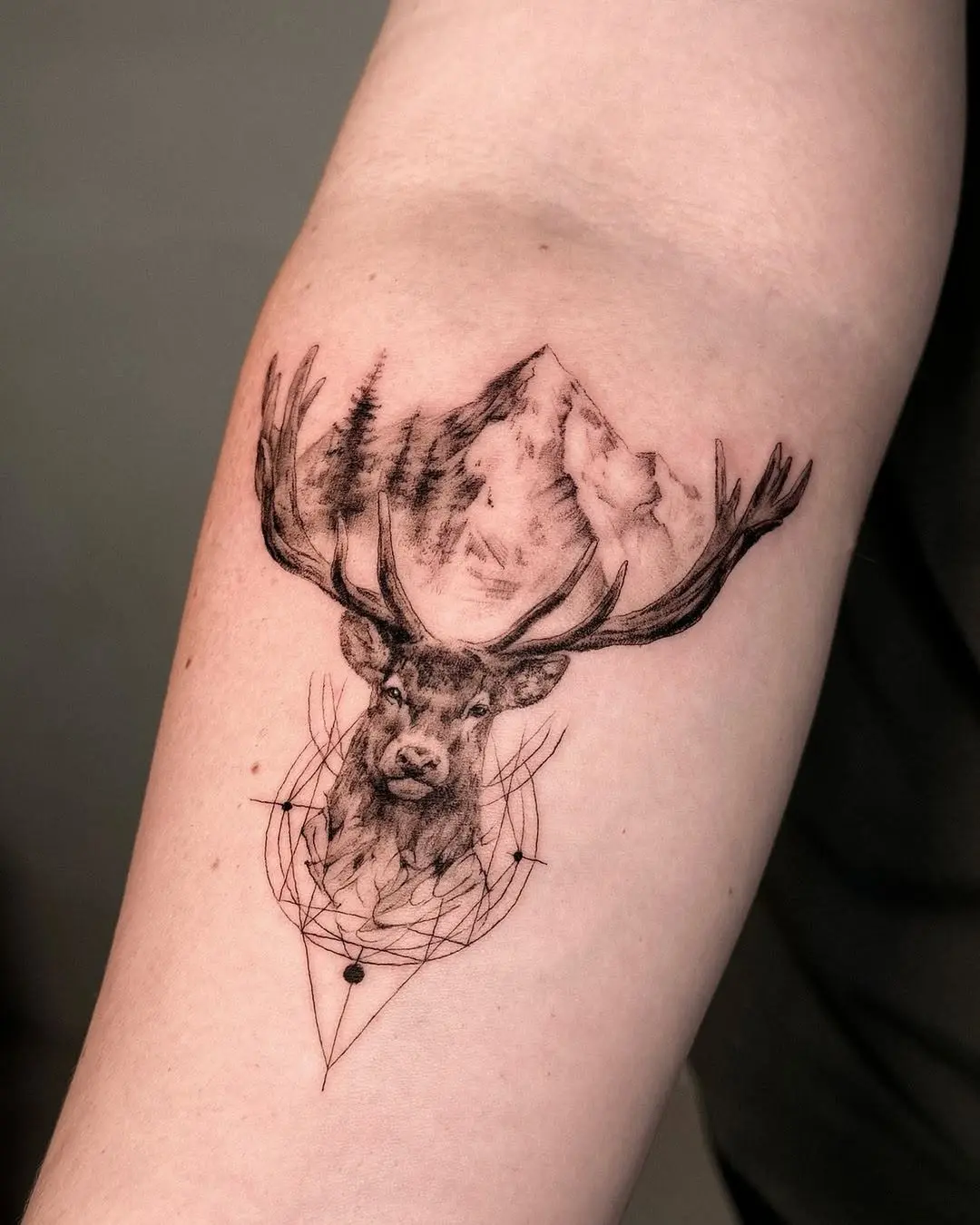 Majestic deer with mountains and geometric accents