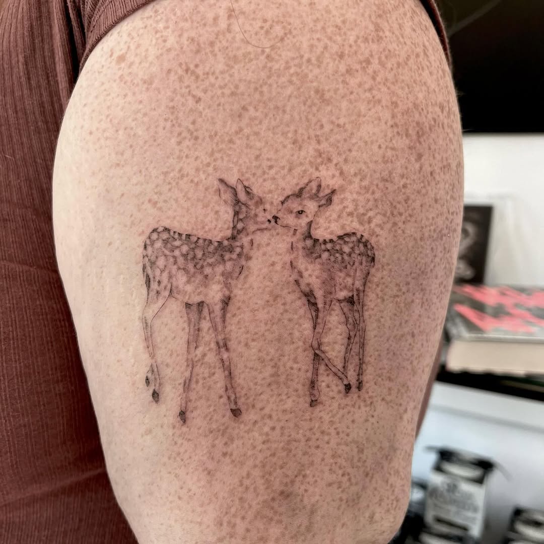 Sweet Kissing Fawns Tattoo on the Arm