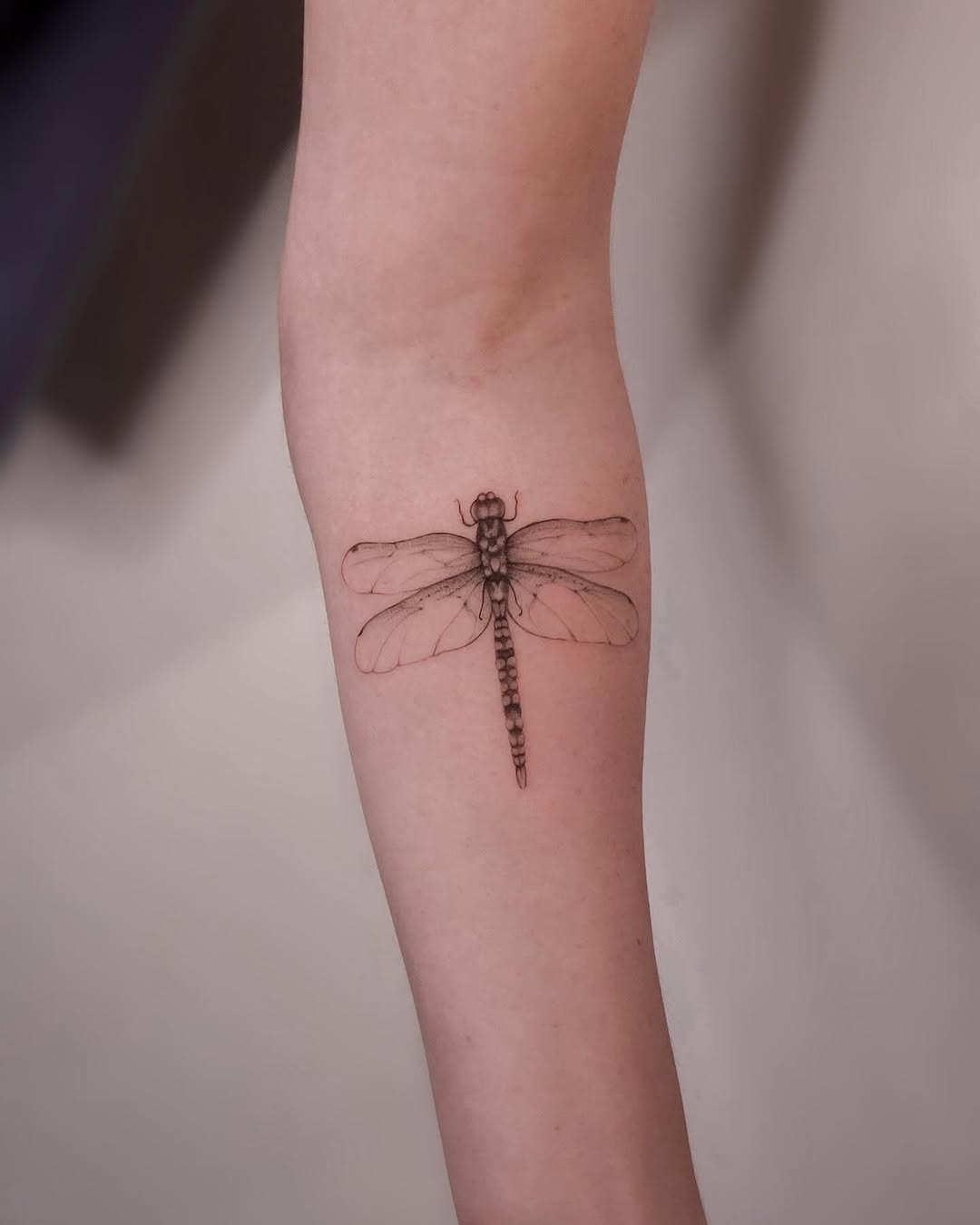 Elegant Dragonfly Tattoo on Bare Skin