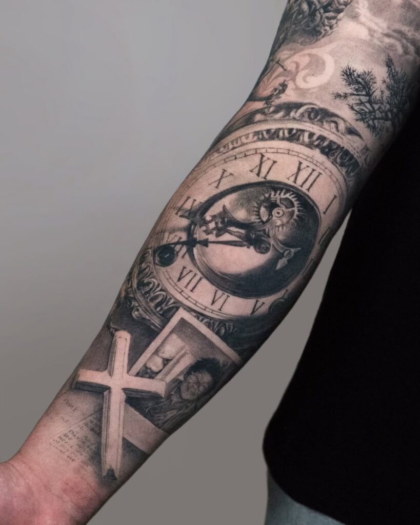 detailed-clock-and-memorial-tattoo