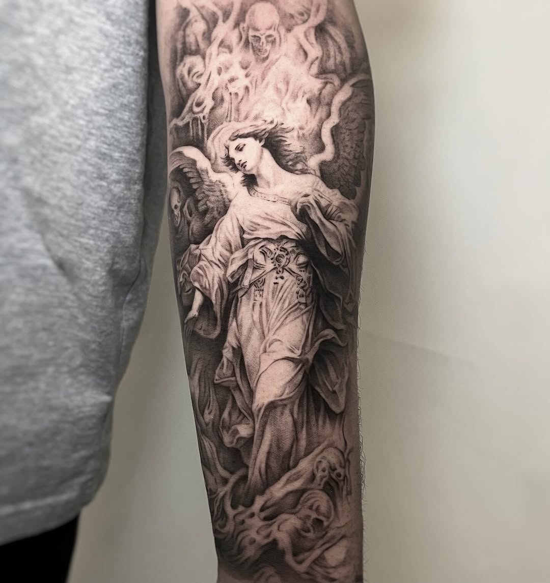 Stunning black and grey angel tattoo sleeve design.