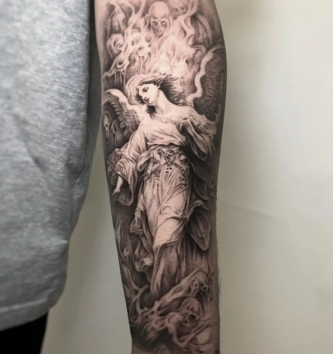 Stunning black and grey angel tattoo sleeve design.