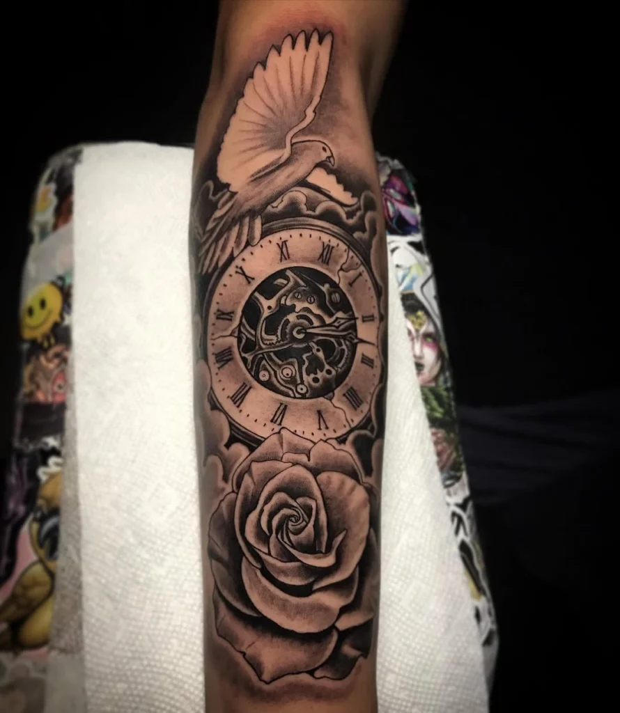 dove-clock-and-rose-tattoo