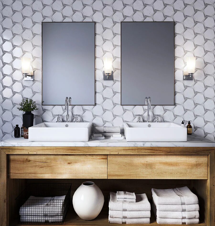 Stylish Geometric Bathroom with Double Vanities