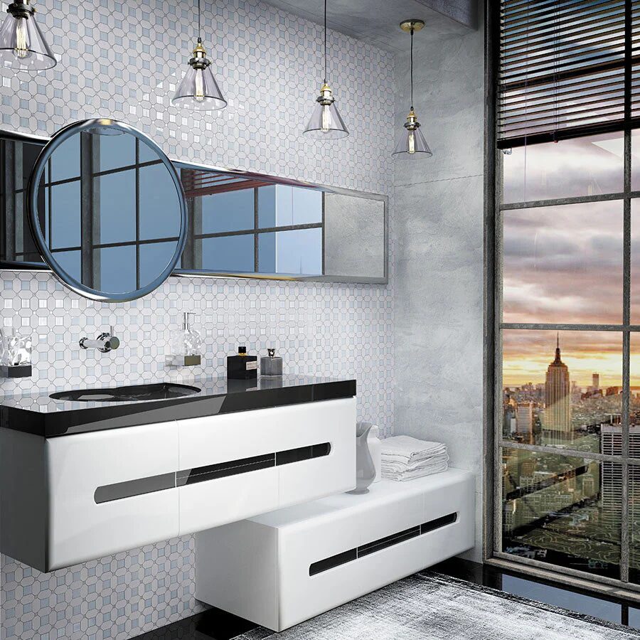 Modern Geometric Bathroom with Urban Views