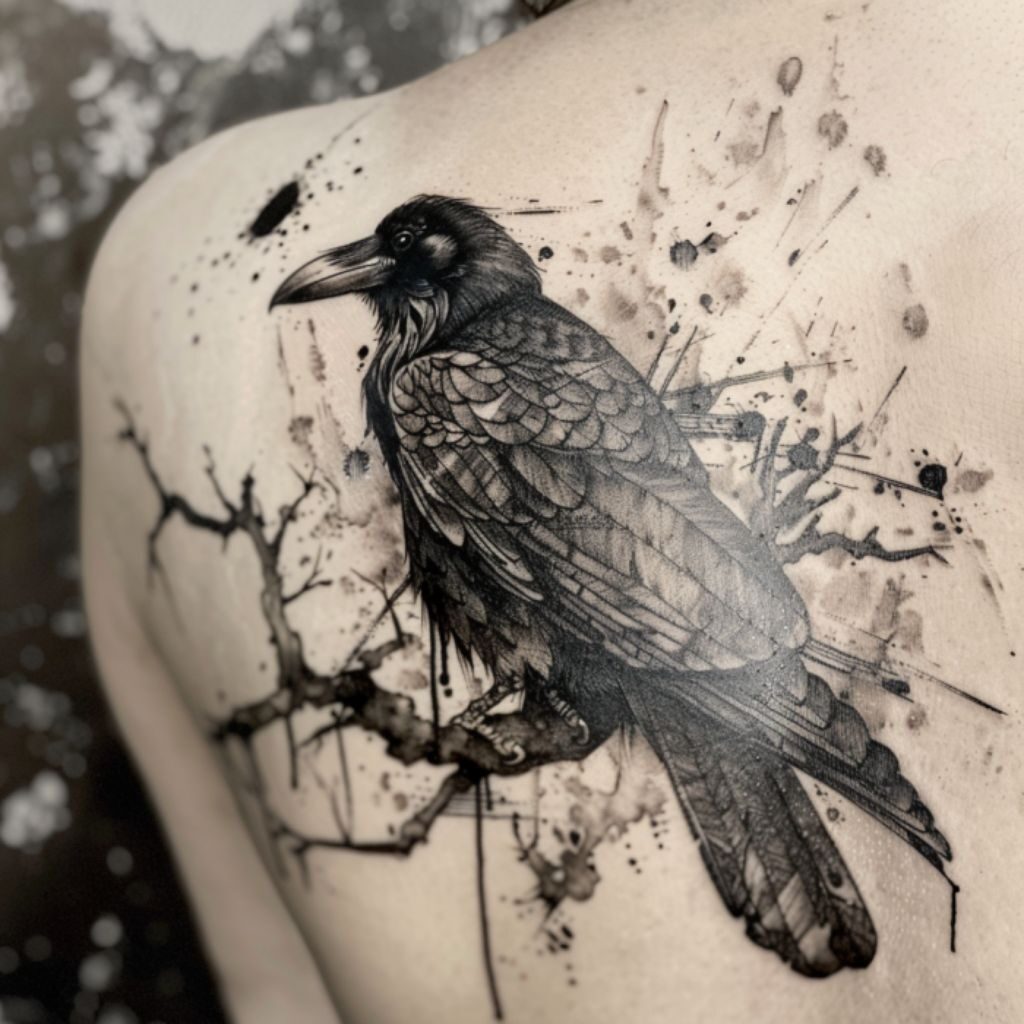 Mystical raven perched on a branch tattoo