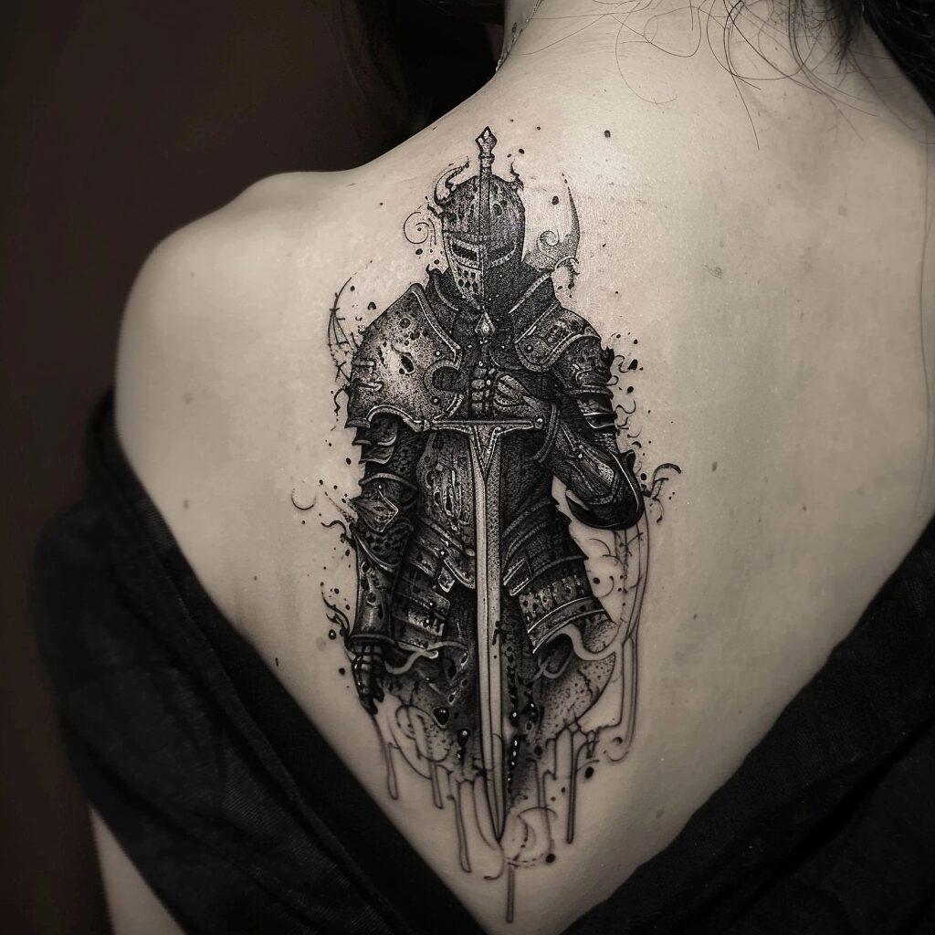 Intricate knight tattoo with dark gothic vibes