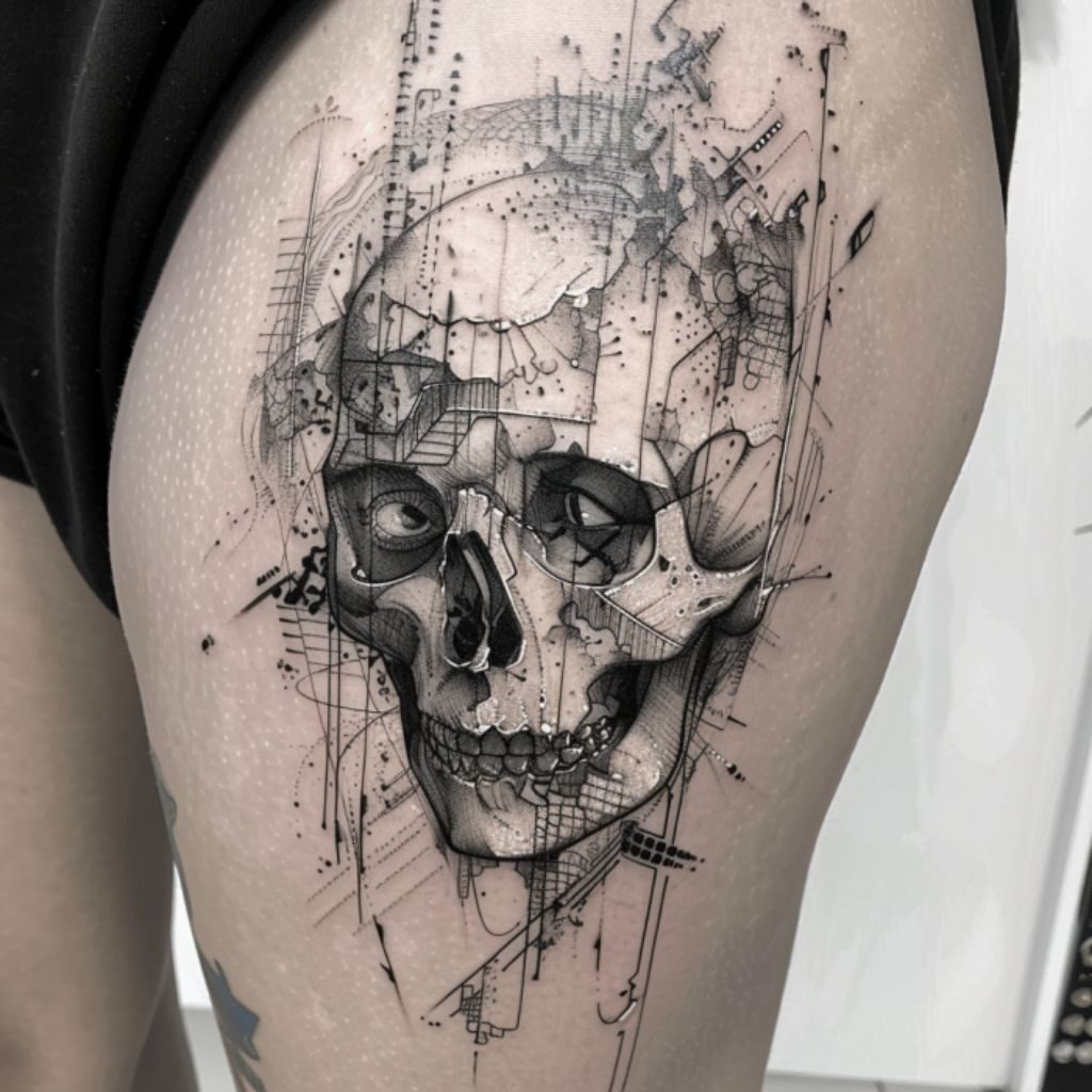 Intricate skull tattoo with modern geometric flair