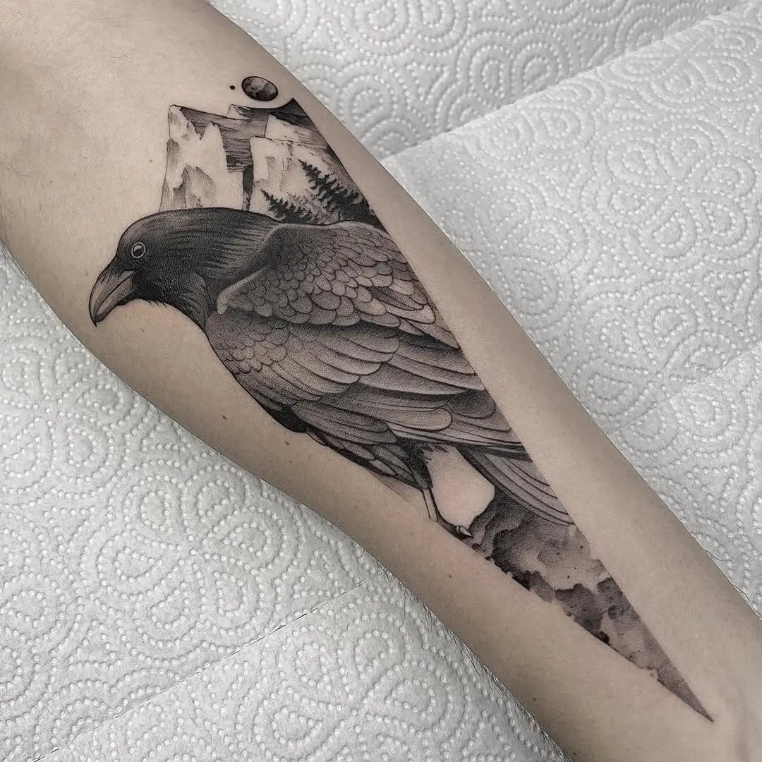 Intricate crow tattoo with gothic elements