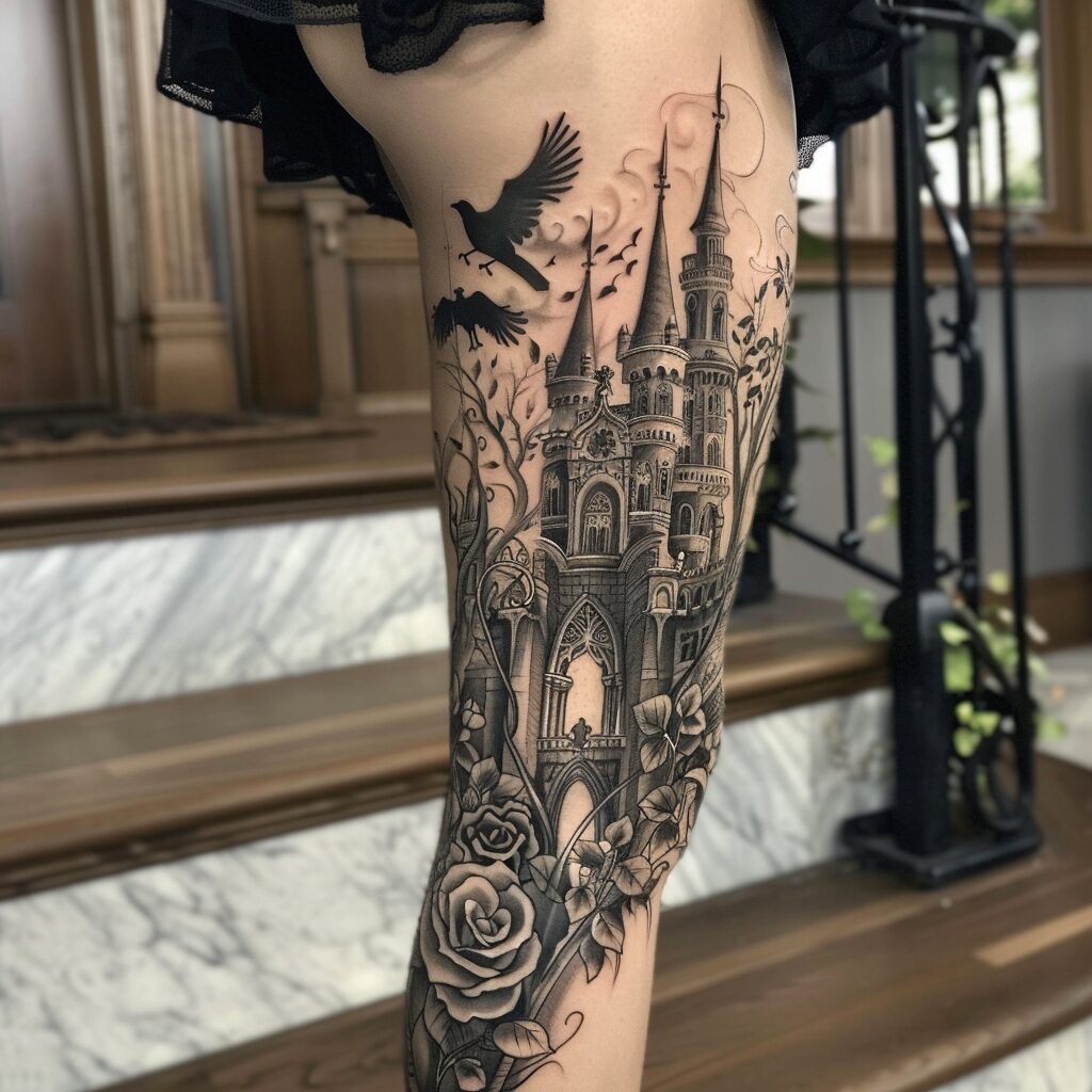 Intricate gothic castle tattoo with floral accents