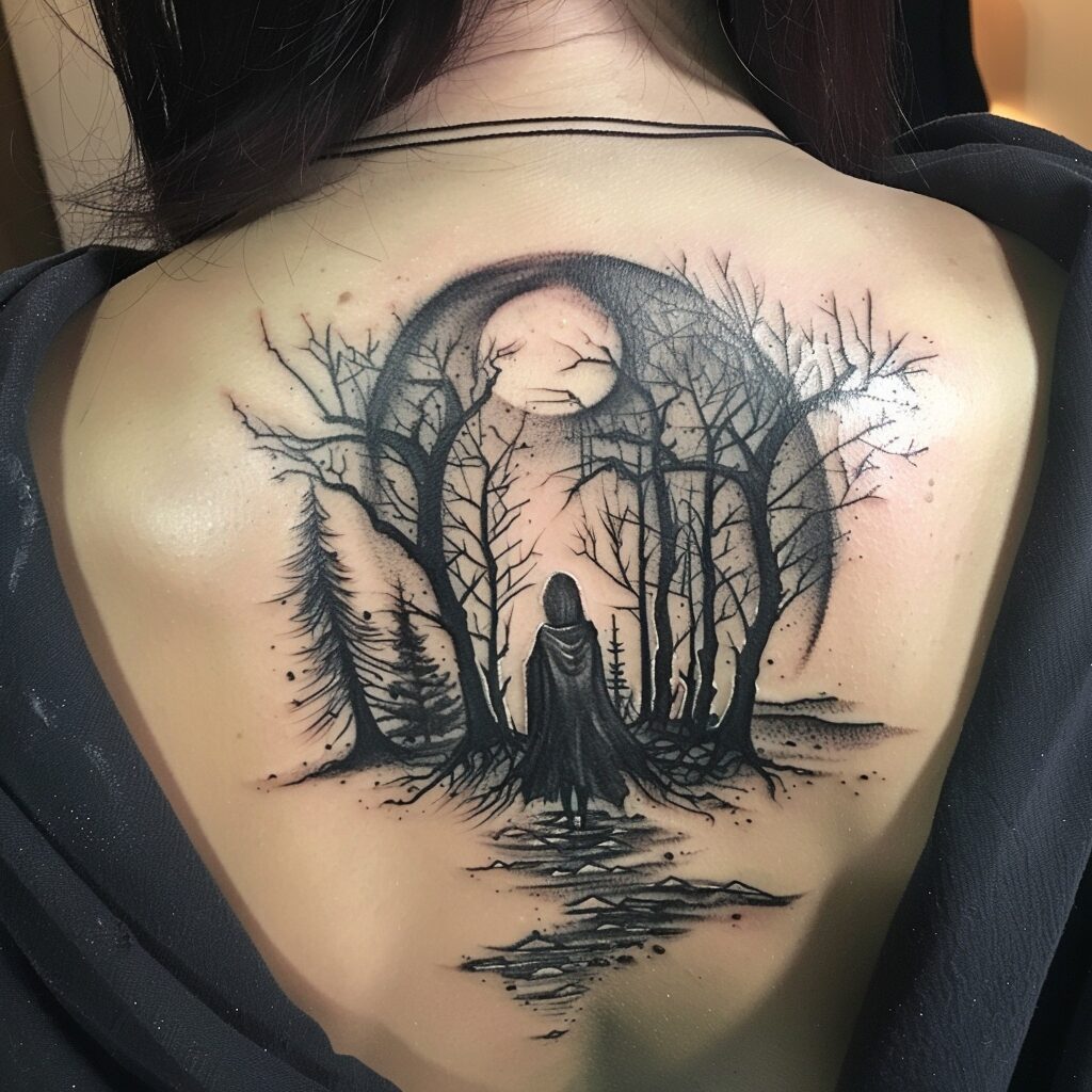 Enigmatic forest scene on a back tattoo