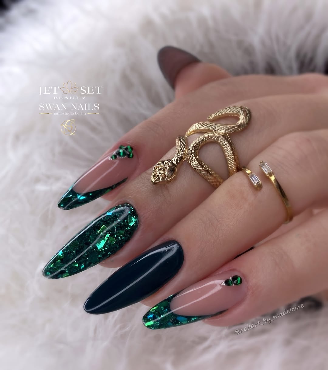 Stylish Green Nail Art with Elegant Details