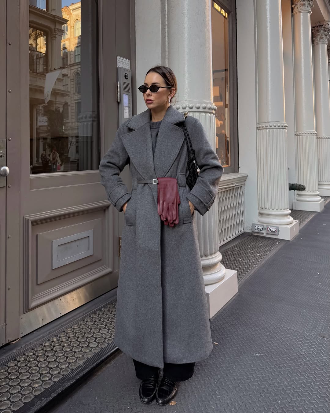 Stylish winter outfit featuring loafers and coat