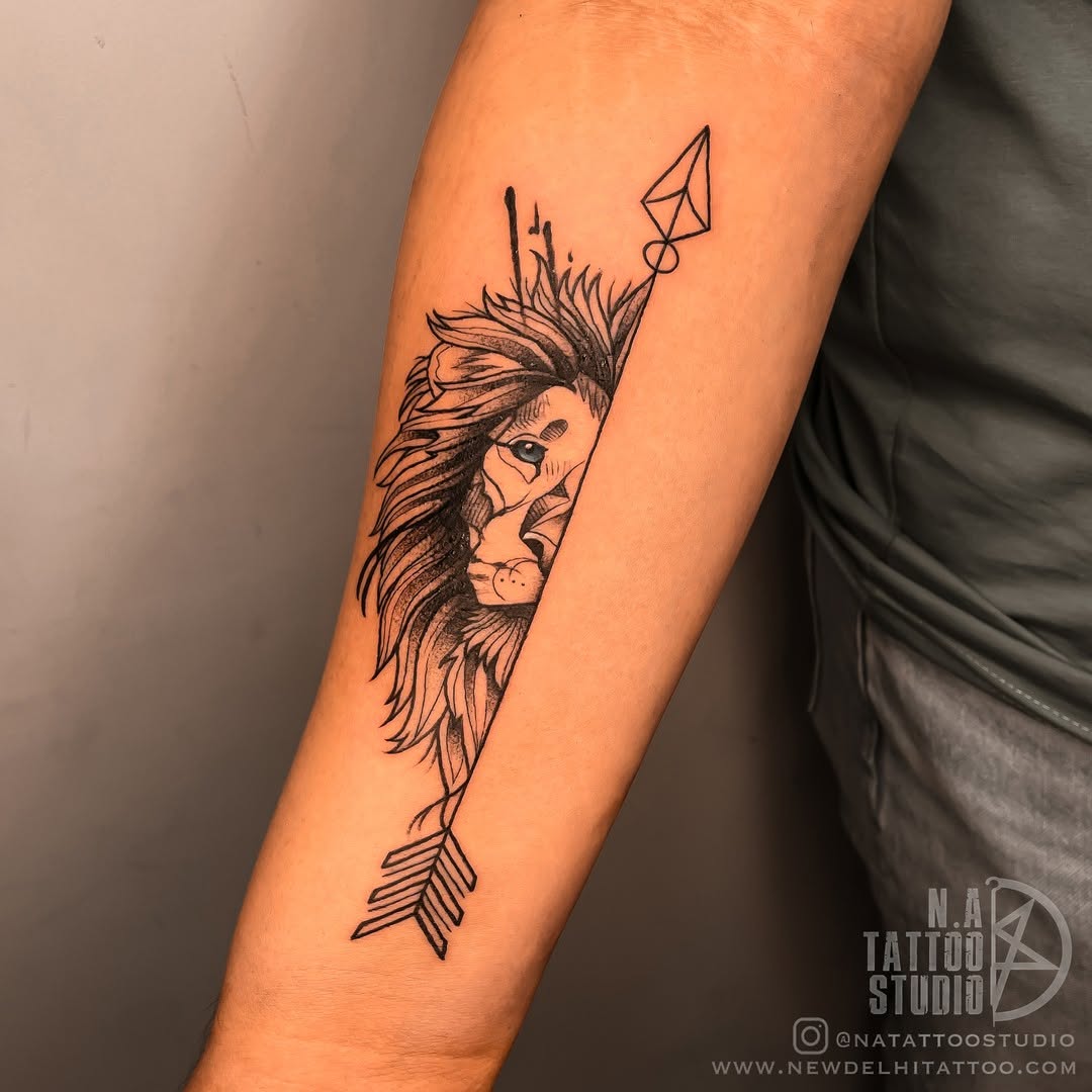 Powerful lion with striking arrow tattoo design