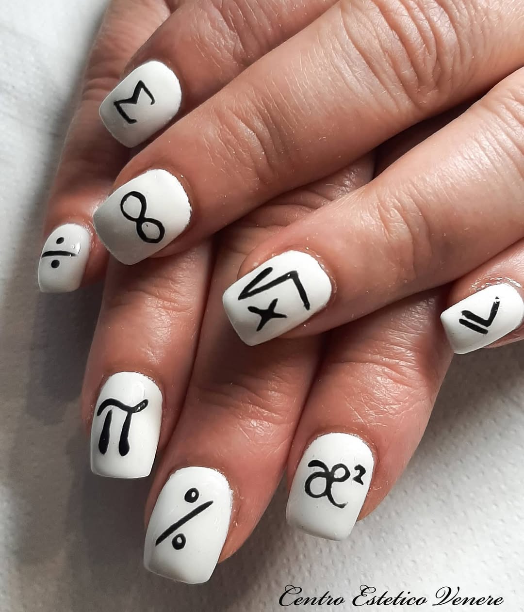 Chic White Nails with Mathematical Symbols