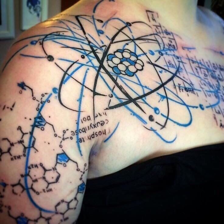 Intricate science and math tattoo design on shoulder