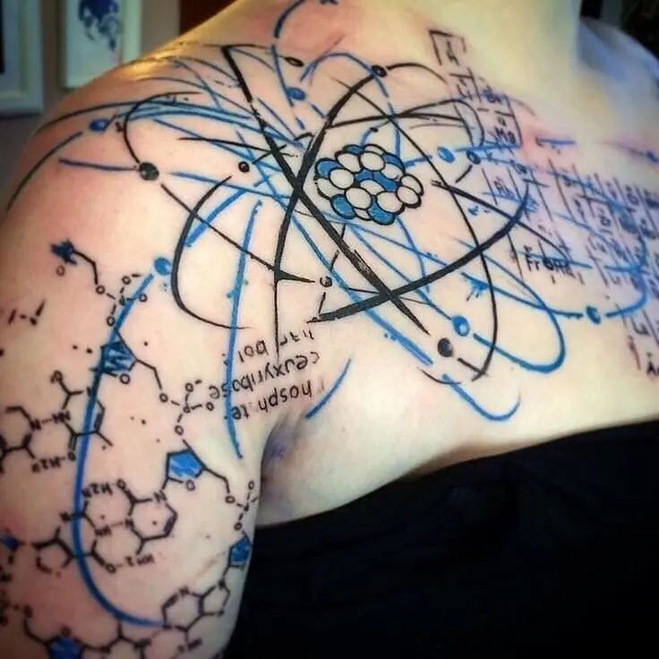 Intricate science and math tattoo design on shoulder