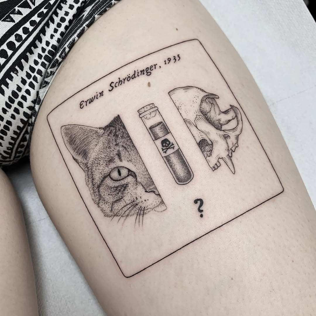 Whimsical Schrodinger's Cat Illustration Tattoo