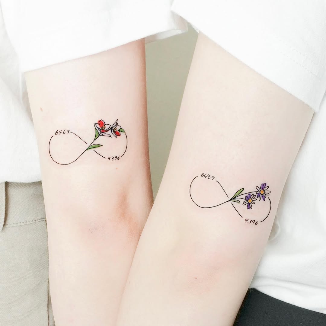 Sister Infinity Tattoos with Floral Accents