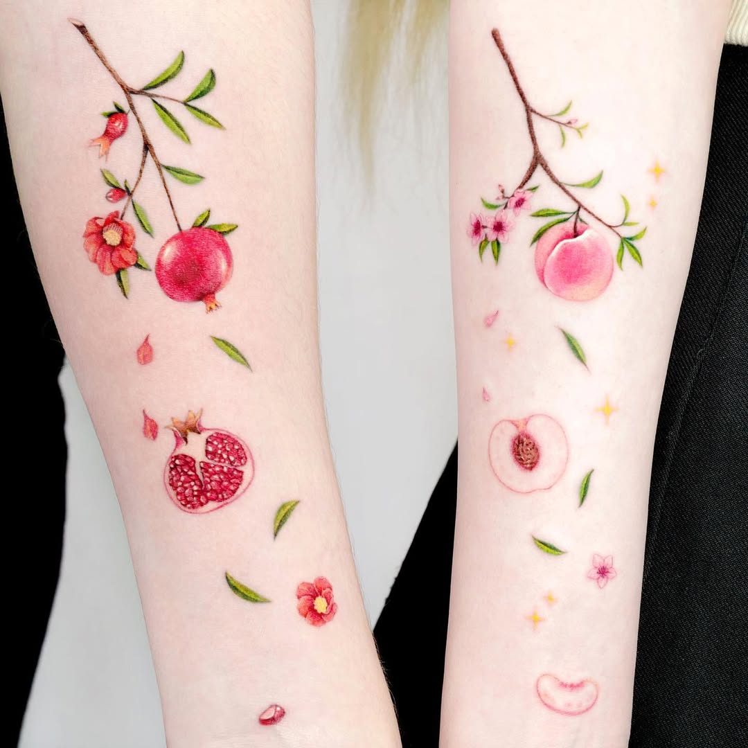 Vibrant fruit-themed sister tattoos for bonding