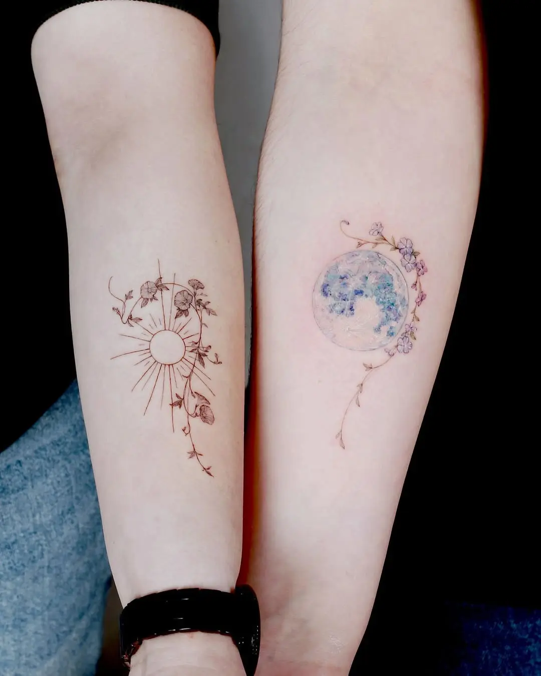 Sun and moon sister tattoo design