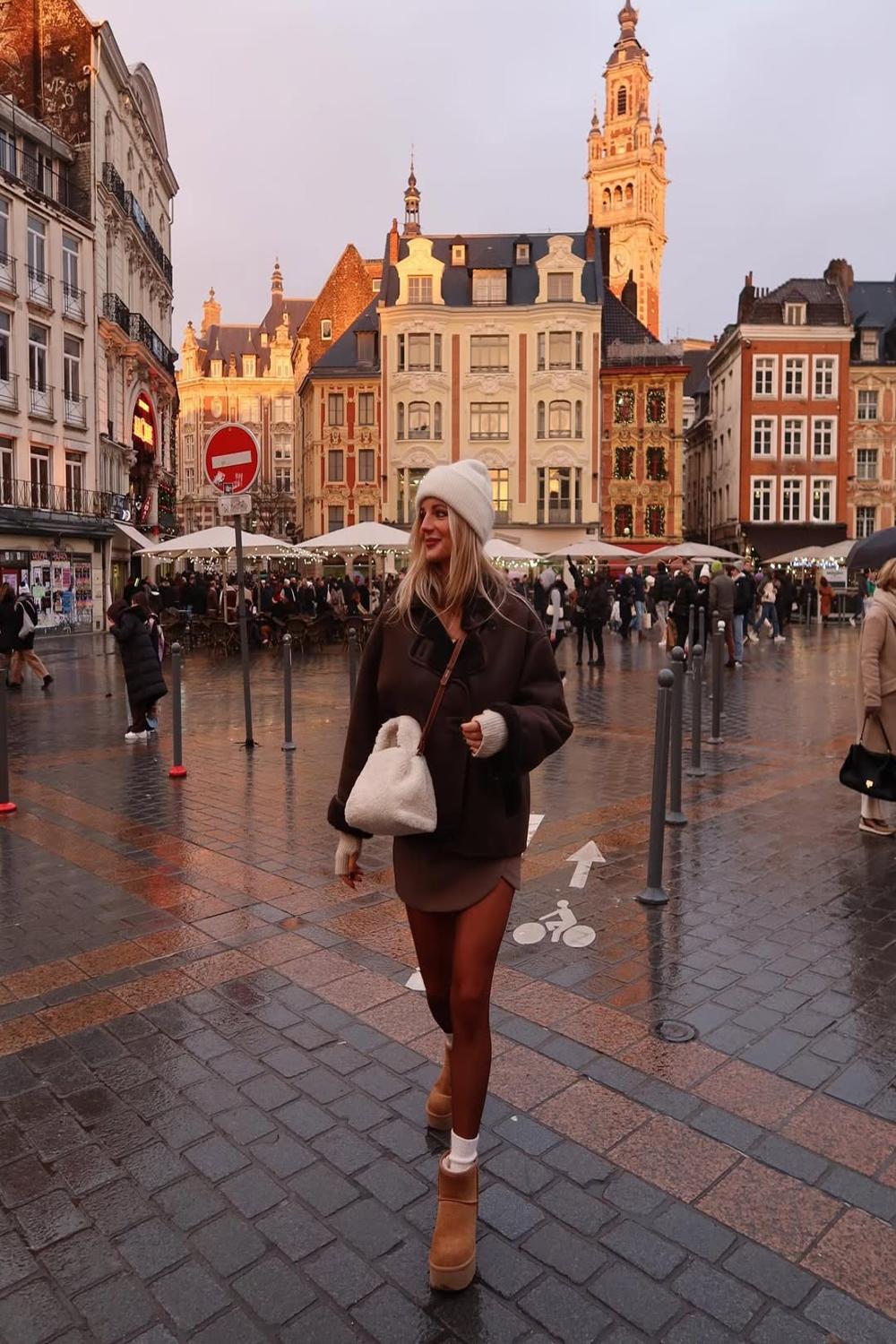 Casual winter stroll in Uggs and cozy layers