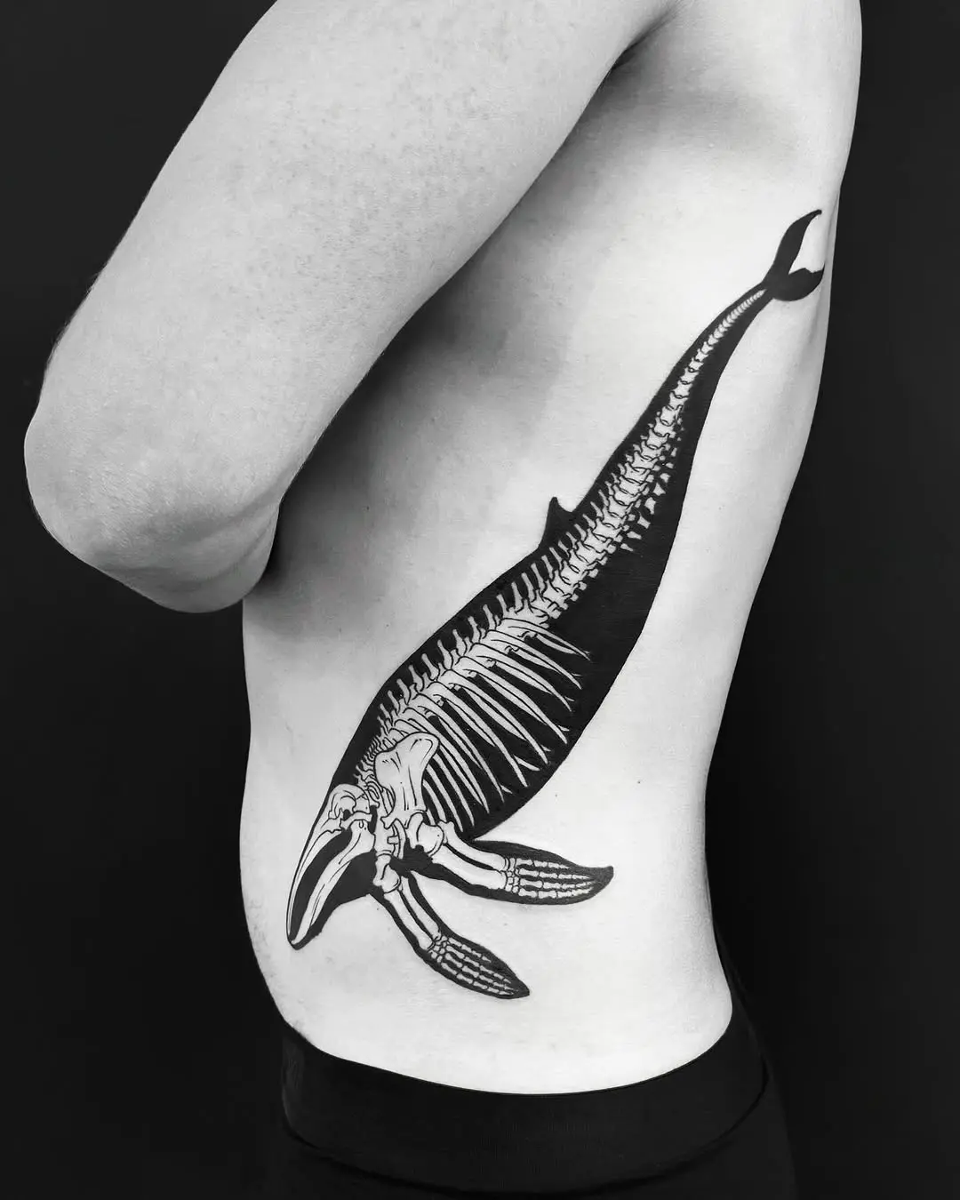Unique Skeleton Whale Tattoo on Ribcage