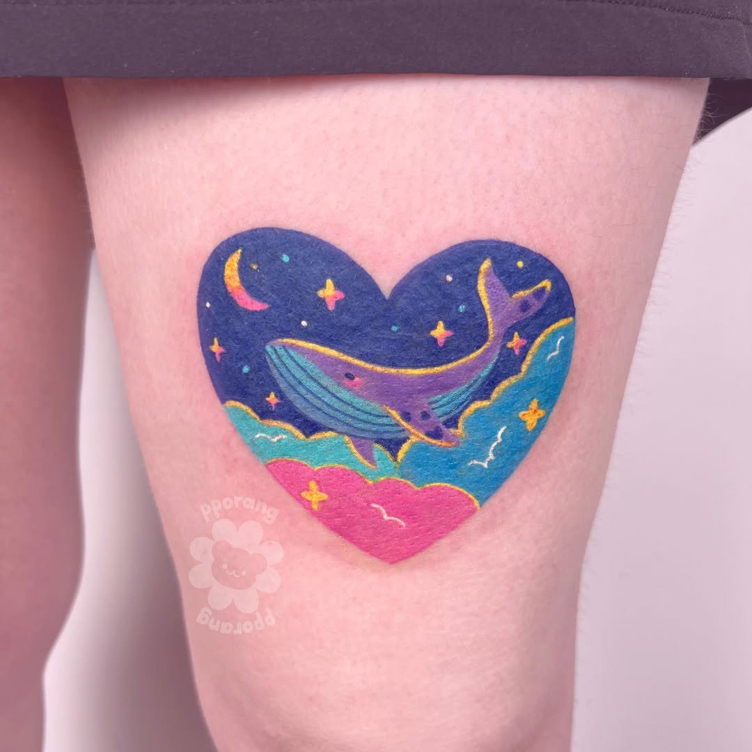 Whimsical heart-shaped whale tattoo concept