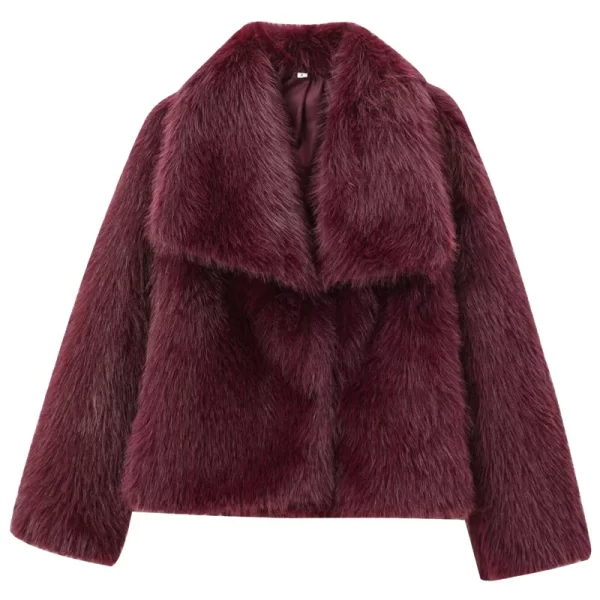 Plush Burgundy Bomber Jacket for Women - Cozy Winter Fur Coat - Image 2