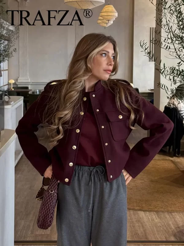 Vintage Wine Red Casual Coat for Women with Pockets