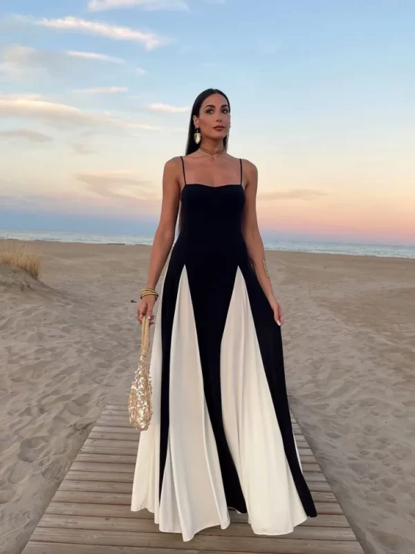 Elegant Black and White Contrast Backless Maxi Dress for Women