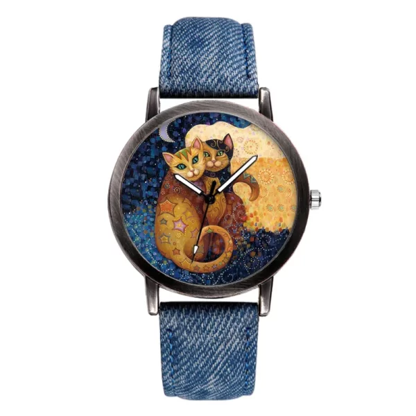 Charming Cat Quartz Watch for Women with Denim Strap - Image 3