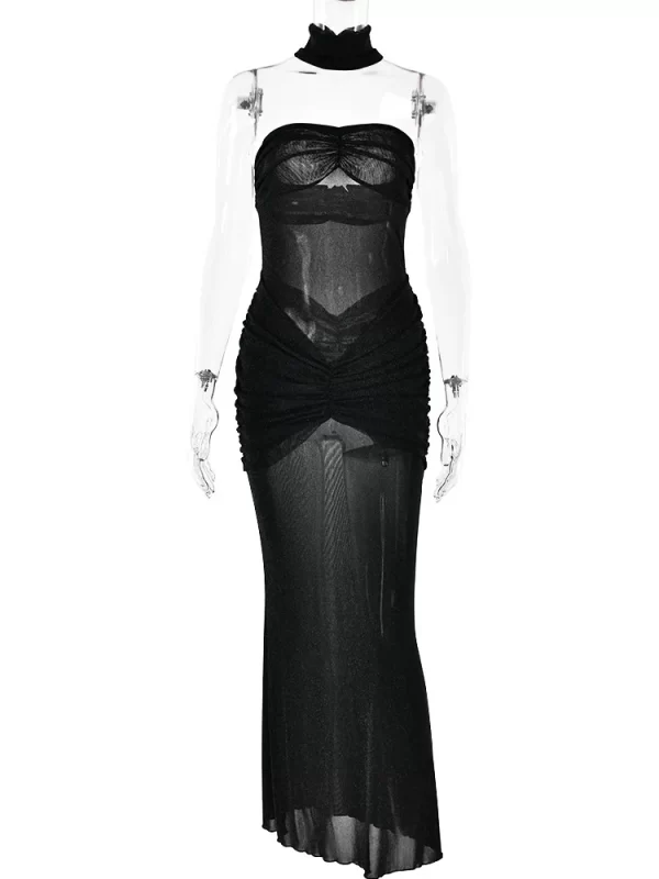 Elegant Strapless Mesh Double-Layer Perspective Maxi Dress for Women - Image 5