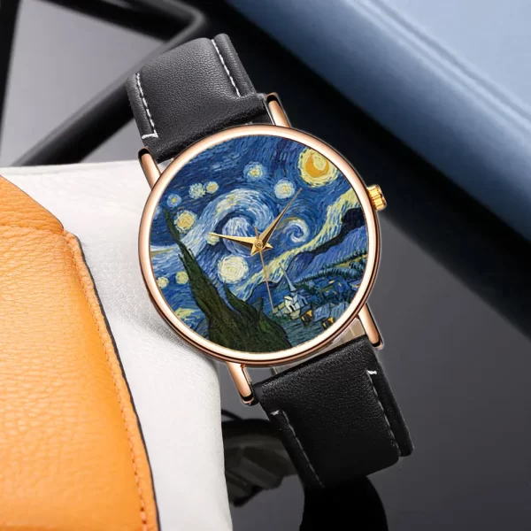 Starry Night Artistic Women's Watch with Leather Strap - Image 2