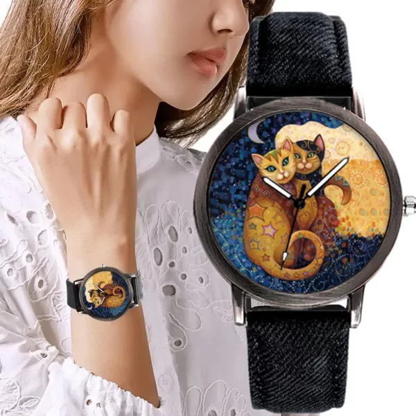 Charming Cat Quartz Watch for Women with Denim Strap