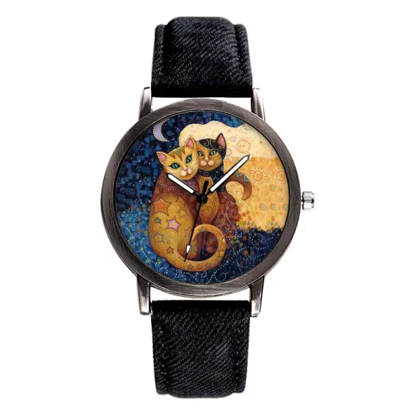 Charming Cat Quartz Watch for Women with Denim Strap - Image 2