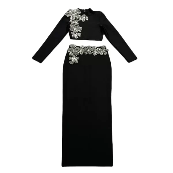 Elegant Women’s Two-Piece Diamond Embellished Set - Long Sleeve Crop Top & Floor-Length Skirt - Image 6